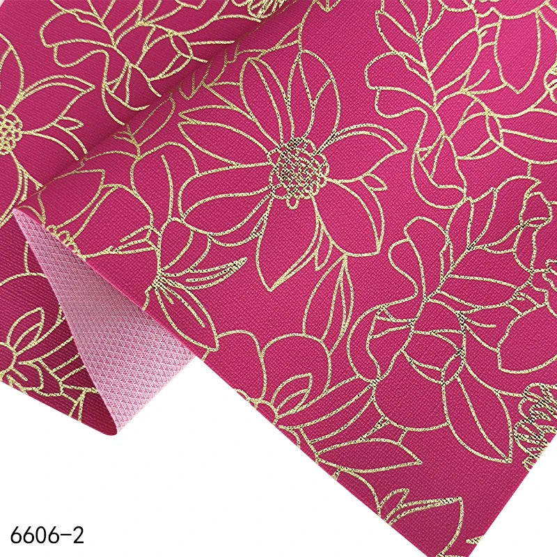 0.55mm Flower Print Faux Leather Fashion Rose Red Artificial Leather Gold Line Cloth Back Material