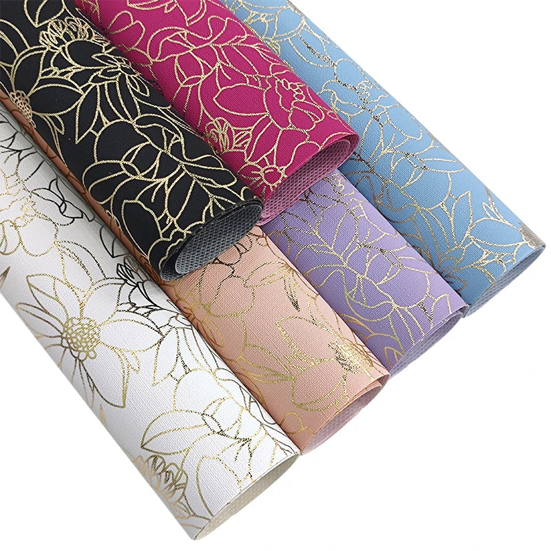 0.55mm Flower Print Faux Leather Fashion Rose Red Artificial Leather Gold Line Cloth Back Material