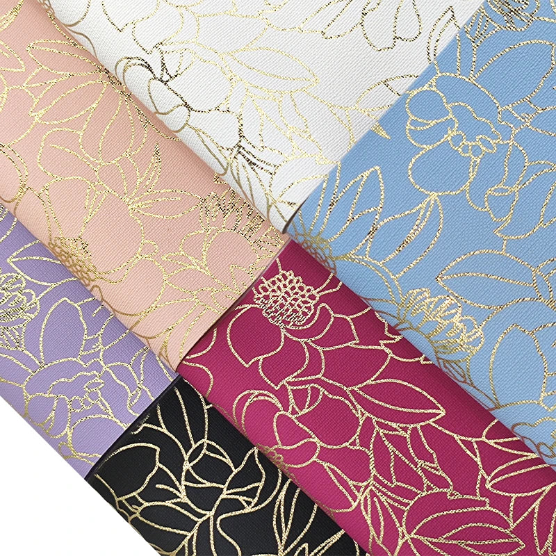 0.55mm Flower Print Faux Leather Fashion Rose Red Artificial Leather Gold Line Cloth Back Material