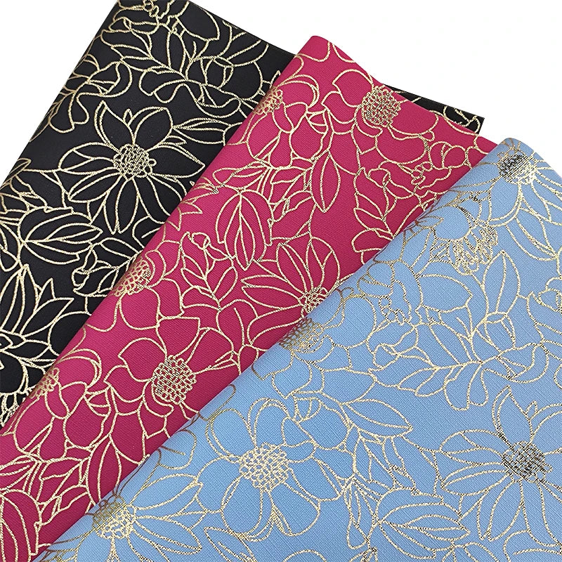 0.55mm Flower Print Faux Leather Fashion Rose Red Artificial Leather Gold Line Cloth Back Material