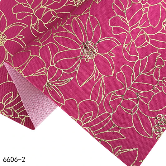 0.55mm Flower Print Faux Leather Fashion Rose Red Artificial Leather Gold Line Cloth Back Material